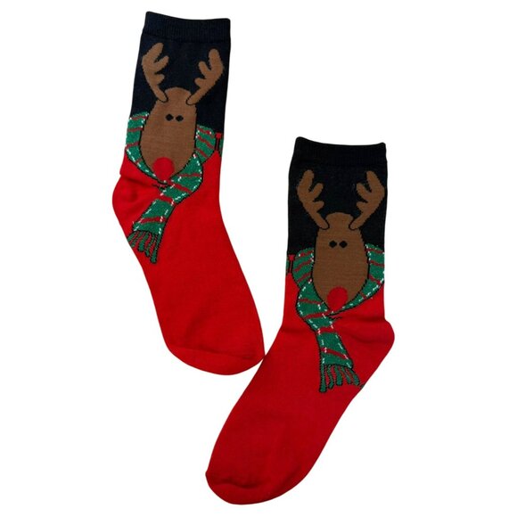 Holiday Reindeer Knit Socks Festive Glittery Scarf Design Christmas Red Black - Picture 4 of 8
